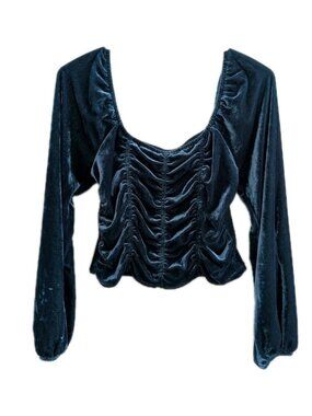 Whimsigoth Velvet Ruched Crop Top Teal Blue Bishop Sleeve Romantic Goth Sz L